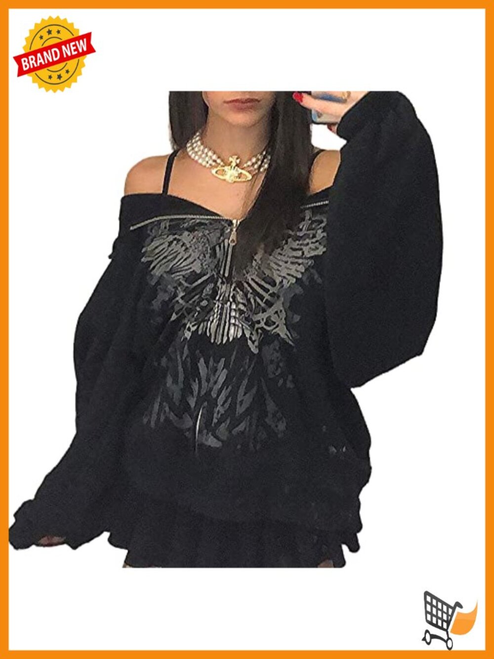 Women Oversized Zip Up Graphic Hoodie Gothic Punk Streetwear Sweatshirt